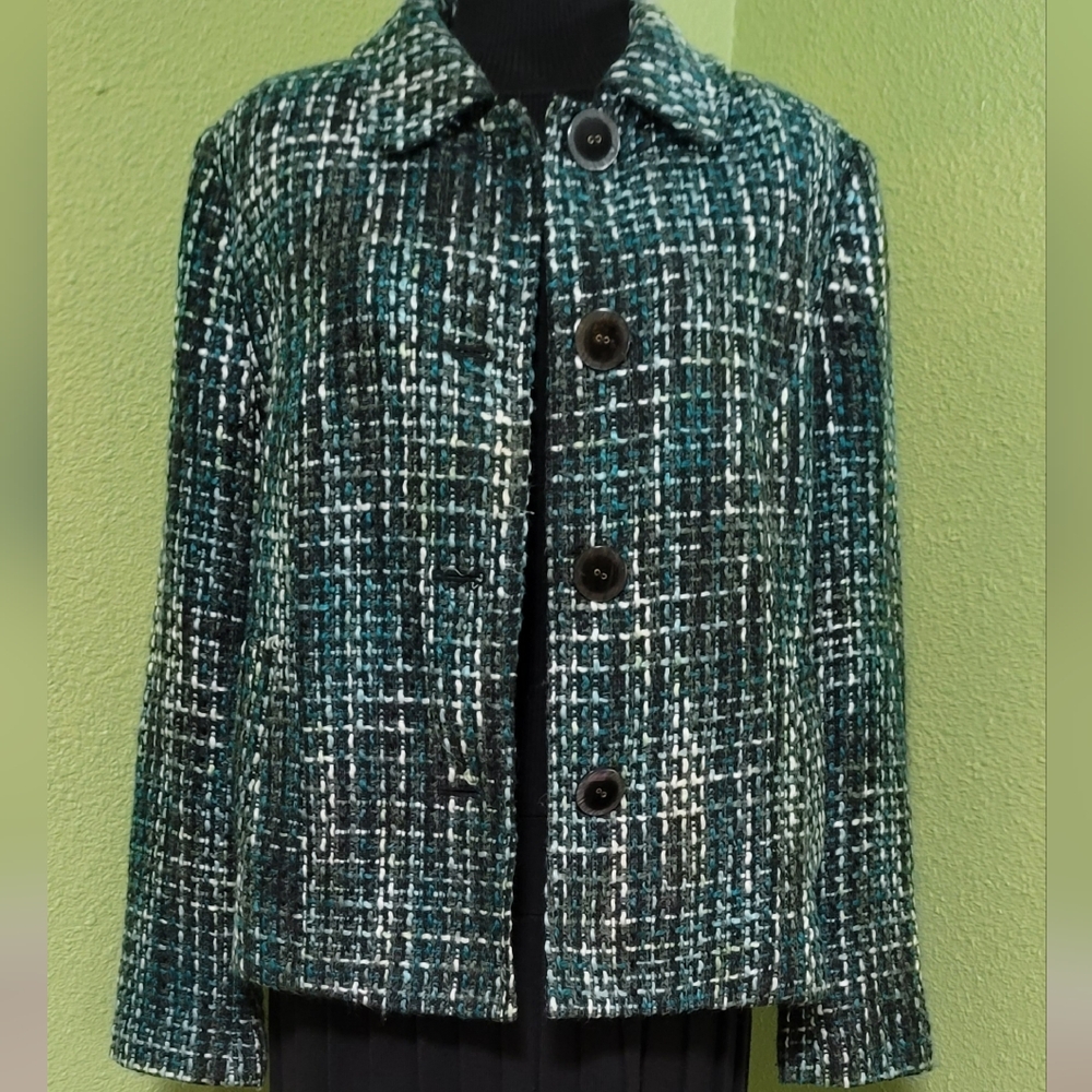 Vintage JM Collection Women's Tweed Plaid Pattern Jacket Teal,Blk, White Sz 12 - Picture 3 of 12